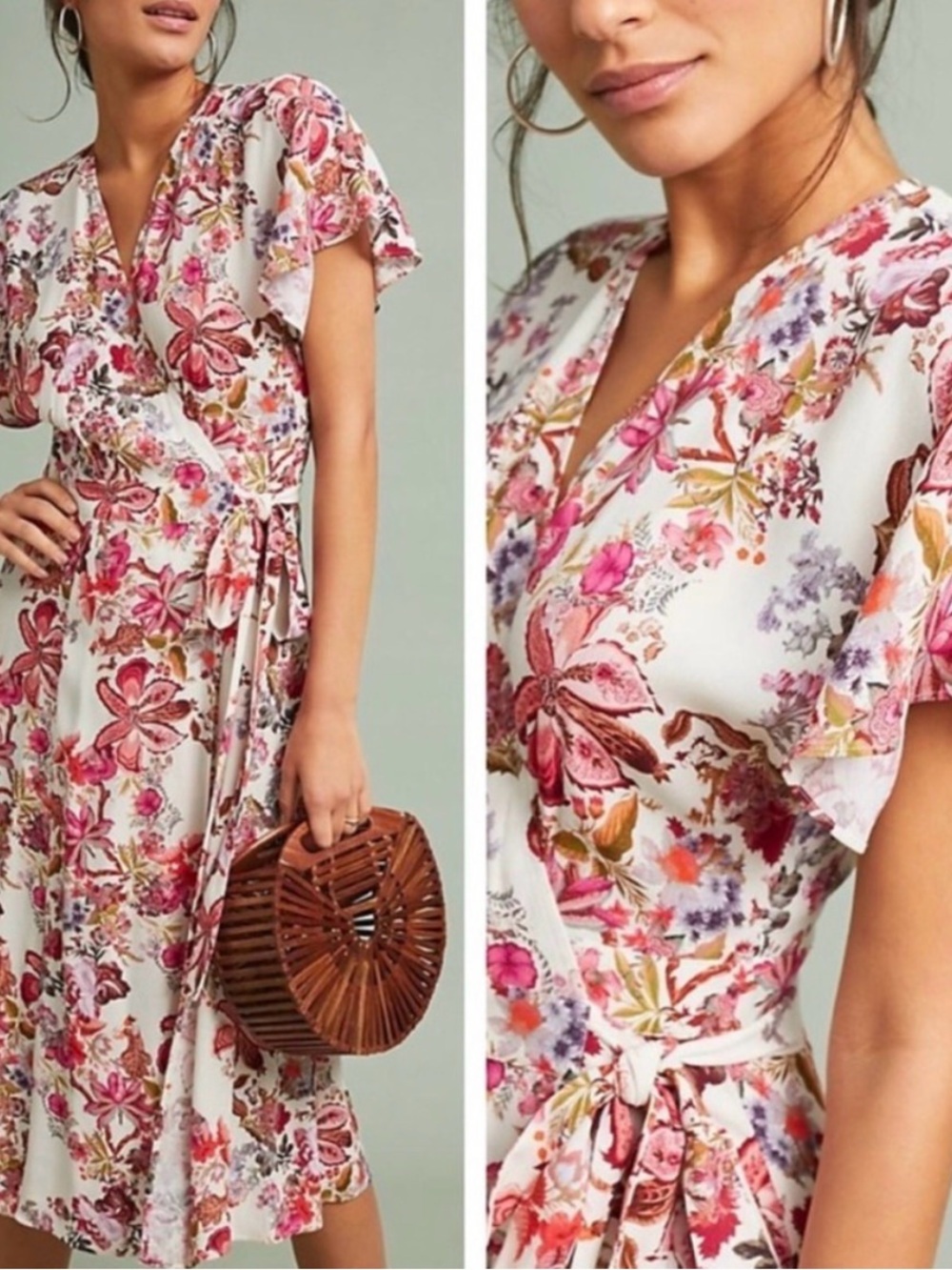 Anthropologie x Kachel Floral Wrap Midi Dress in Pink & Cream